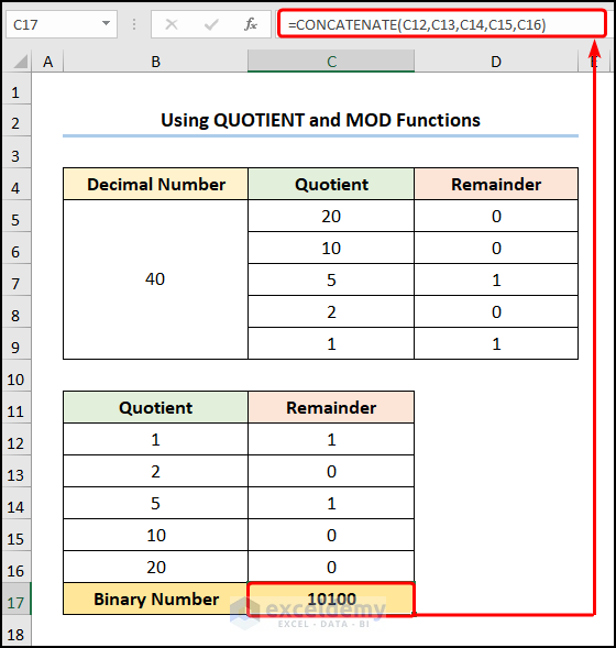 excel decimal to binary using the QUOTIENT, MOD, and CONCATENATE functions