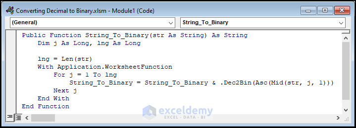 VBA code for excel text to binary