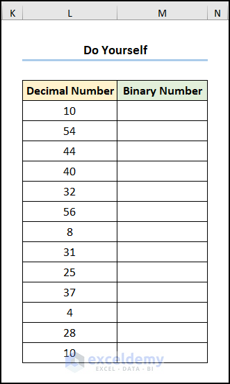 Practice Section for excel decimal to binary