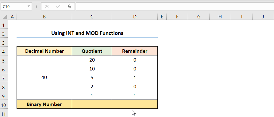 excel decimal to binary Utilizing INT and MOD Functions