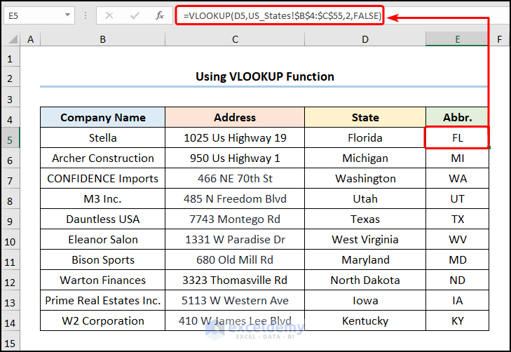 2 letter state abbreviations excel with VLOOKUP function