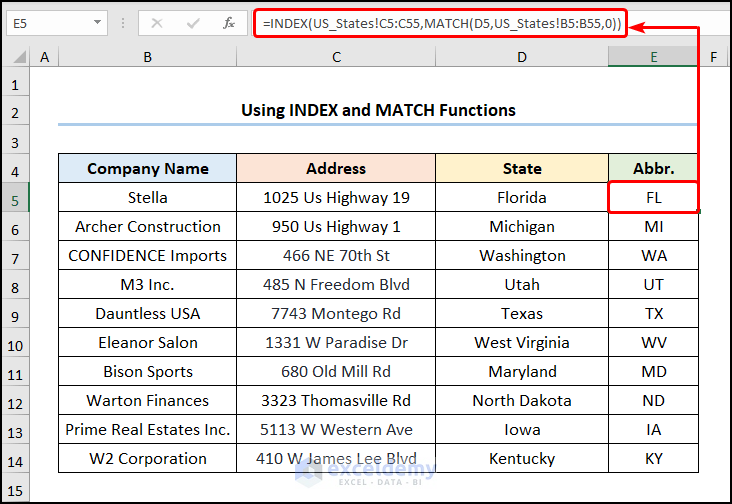2 letter state abbreviations excel with INDEX and MATCH functions