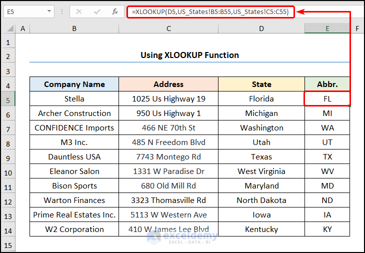 2 letter state abbreviations excel with XLOOKUP function