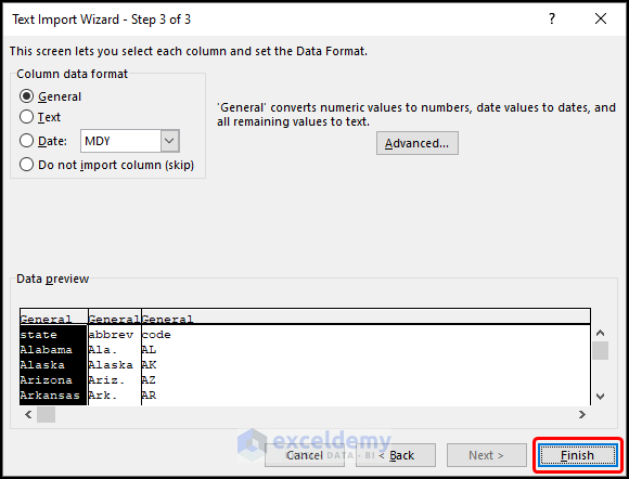 Text import wizard step 3 Finish Import