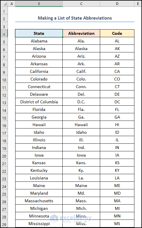List of State Abbreviations in Excel