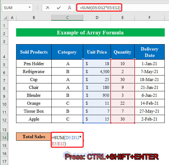 Array Formula Example in Excel