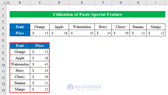 Utilize Paste Special Feature to Copy Horizontal and Paste Vertical in Excel
