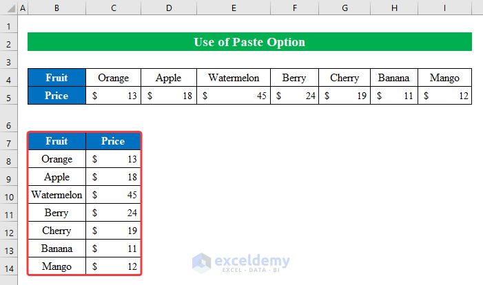Use Paste Option to Copy Horizontal and Paste Vertical in Excel
