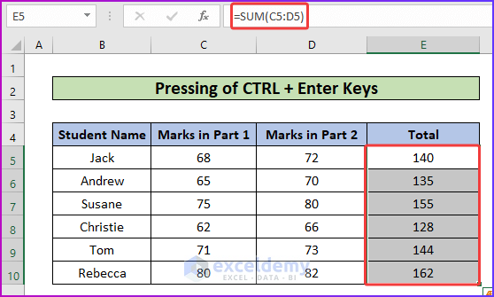 Showing Final Result for Pressing Ctrl + Enter Keys as An Easy Way to Copy SUM Formula in Excel