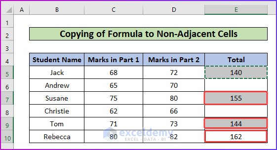 Showing Final Result of Copying of SUM Formula to Non-Adjacent Cells as An Easy Way to Copy SUM Formula in Excel