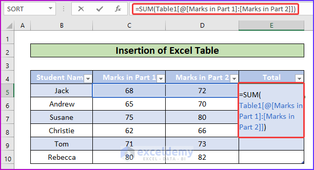 Inserting Formula in An Excel Table as An Easy Way to Copy SUM Formula in Excel