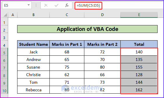 Showing Final Result for Running A VBA Code as An Easy Way to Copy SUM Formula in Excel