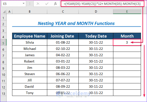 Nesting YEAR and MONTH Functions to Count Months from Date to Today by Excel Formula