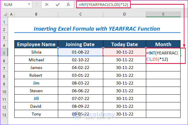 Inserting Excel Formula with YEARFRAC Function to Count Months from Date to Today