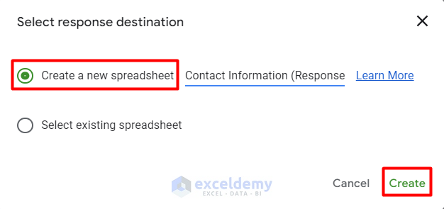 Define Destination to Create Excel Sheet from Google Form