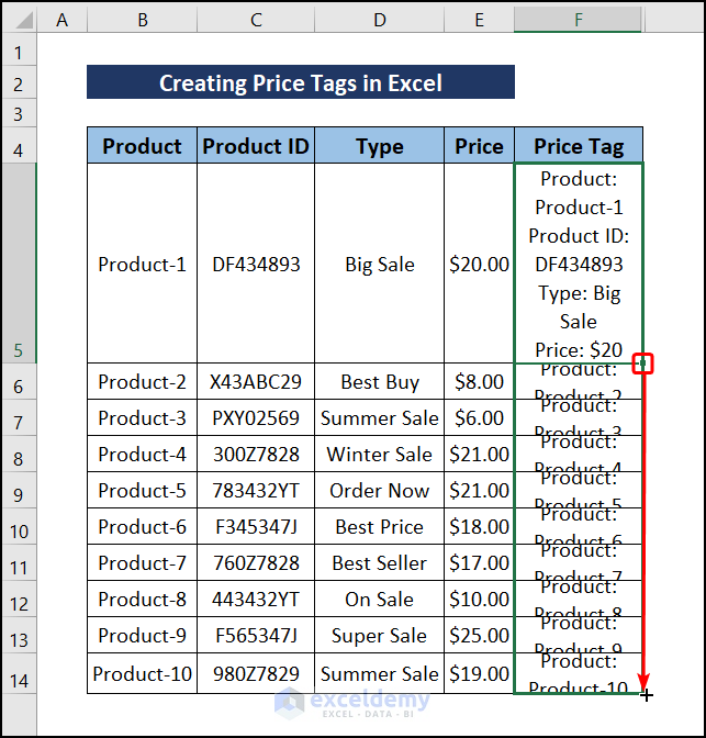 to complete the Price Tag column, we will drag the fill handle down like in the image below