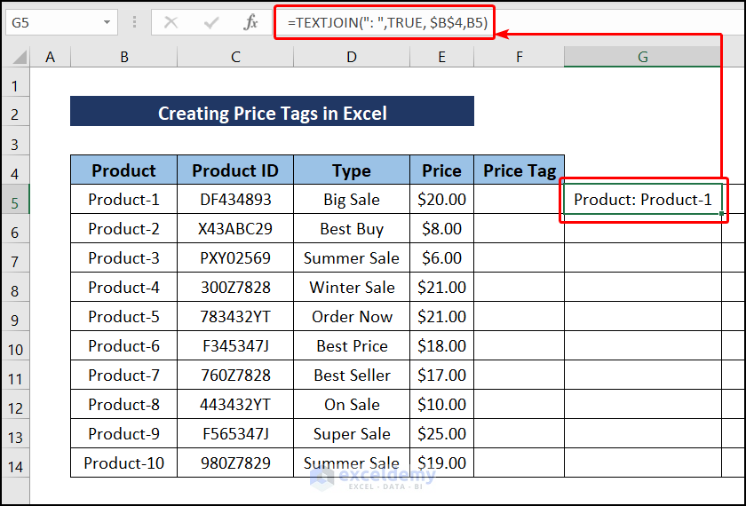 use the TEXTJOIN function to combine Row 4 with the corresponding data