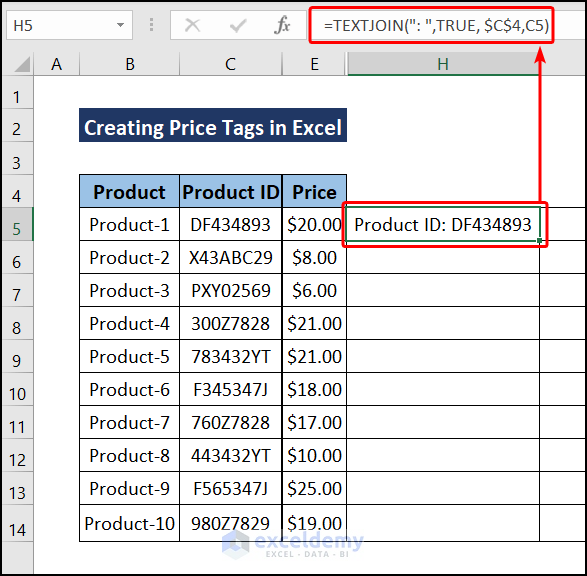 use the TEXTJOIN function to combine Row 4 with the corresponding data