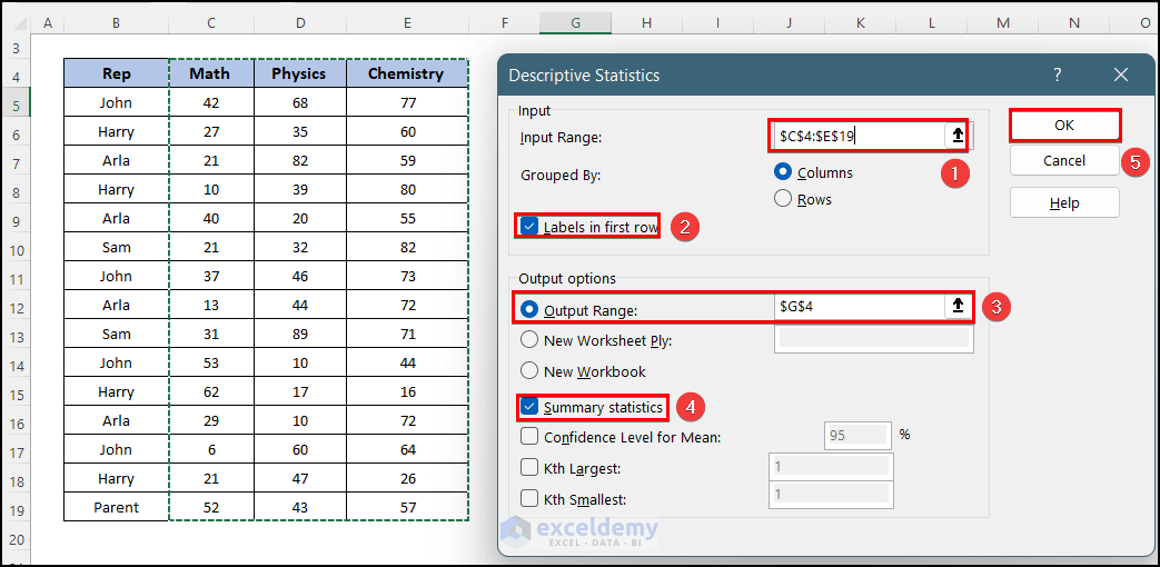 Selecting criteria to Create a Descriptive Statistics Table for Multiple Columns in Excel