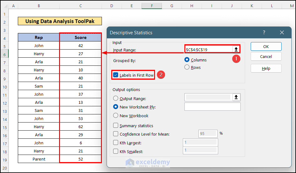 Selecting dataset to Create a Descriptive Statistics Table in Excel