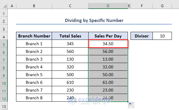how to create a division formula in excel