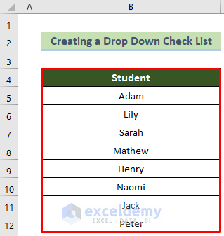 Sample Dataset to Create a Drop Down Checklist in Excel