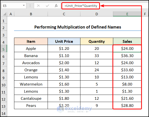 how to create a formula using defined names in excel using multiplying operator