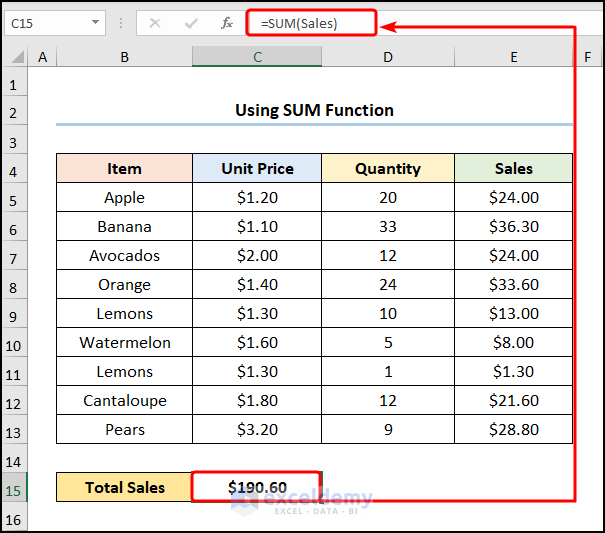how to create a formula using defined names in excel with the SUM function
