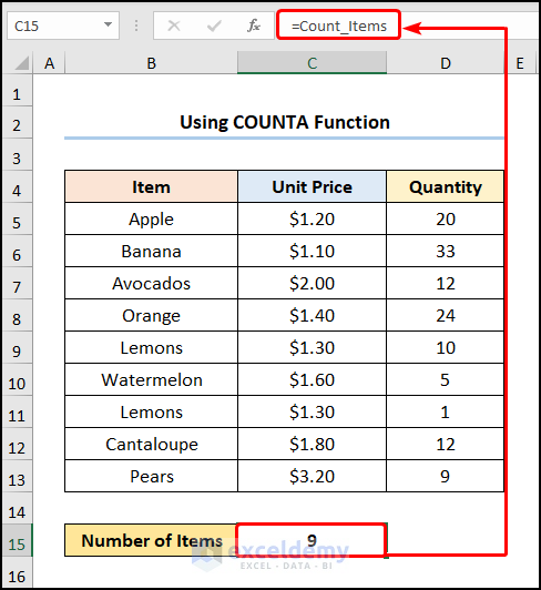 how to create a formula using defined names in excel with COUNTA function