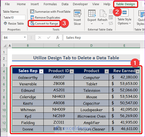 Utilize Design Tab to Delete a Data Table Without Deleting Data in Excel