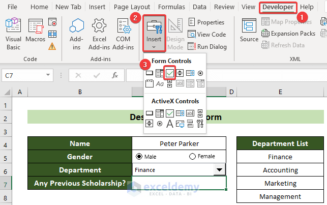 Insert Check Box (Form Control) to Design Form in Excel