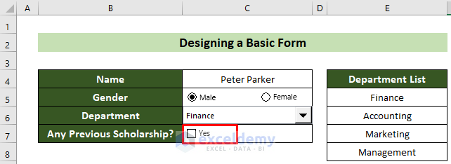 First Checkbox Option in Form Design in Excel