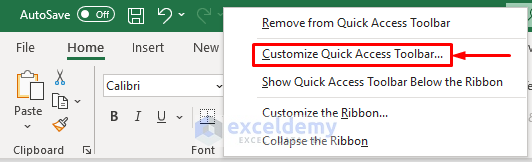 Choose the Customize Quick Access Toolbar Option to Design Form in Excel
