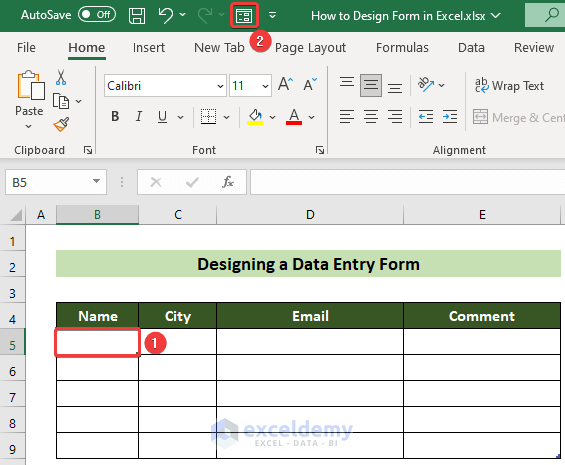 Click on Form Icon to Design Form in Excel