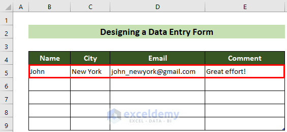 Information in the First Row from Design Form in Excel