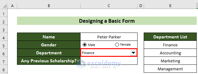 Dropdown Option in Form Design in Excel