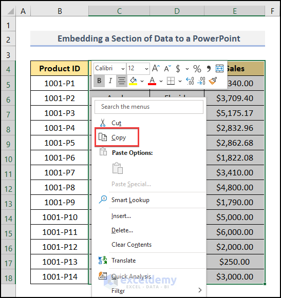 Copy The Range of Data to embed in PowerPoint