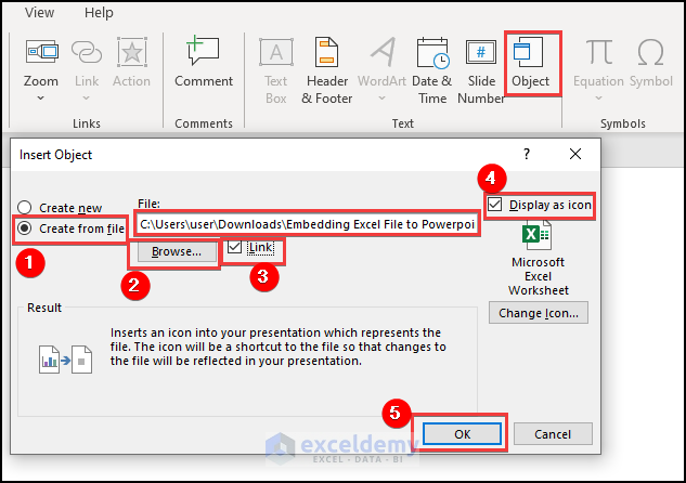 Searching for directory the file to embed excel file as an icon into presentation file