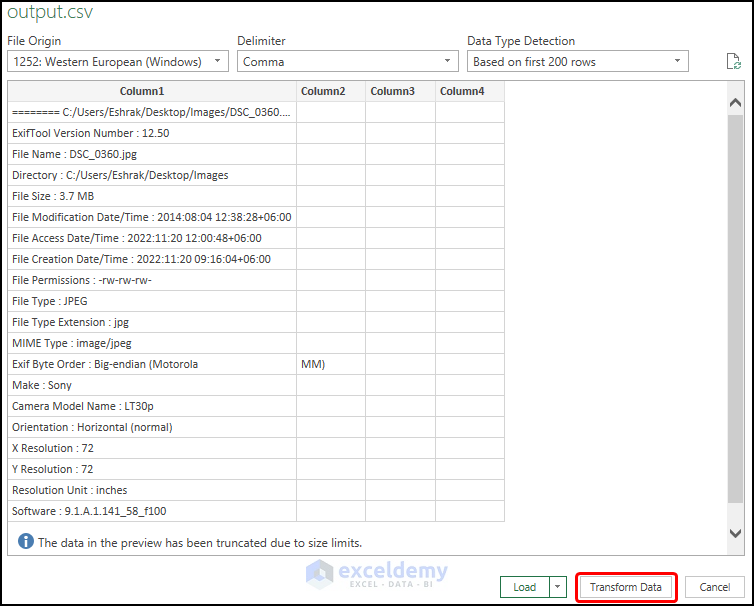 preview of export image metadata to excel