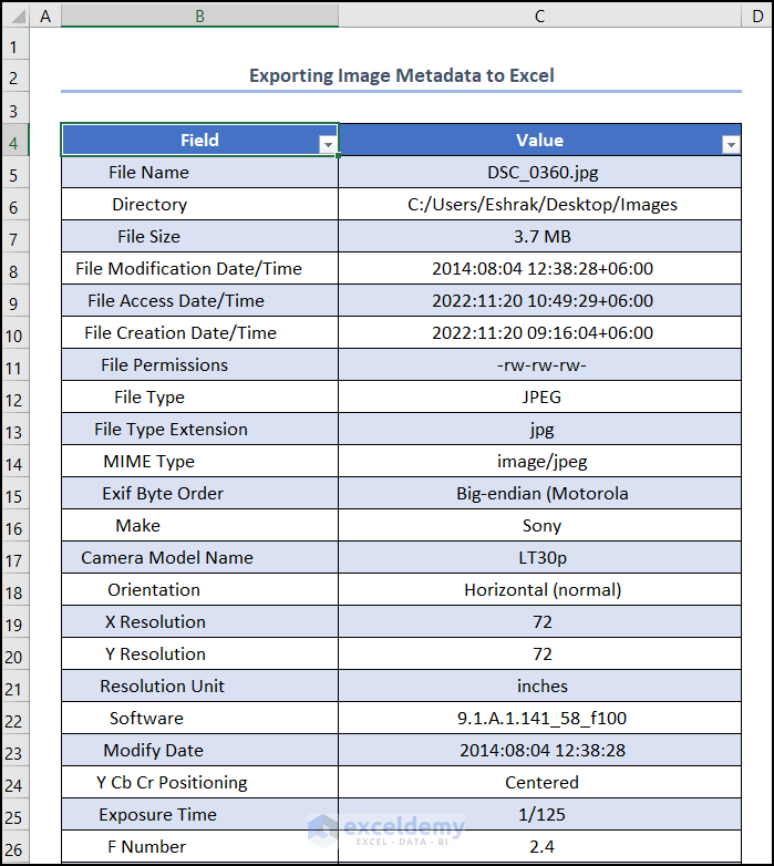 Result of export image metadata to excel