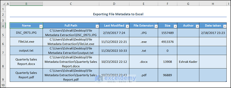 Results of export file metadata to excel