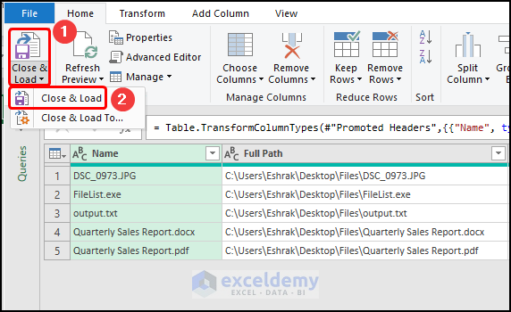 close and load to export file metadata to excel