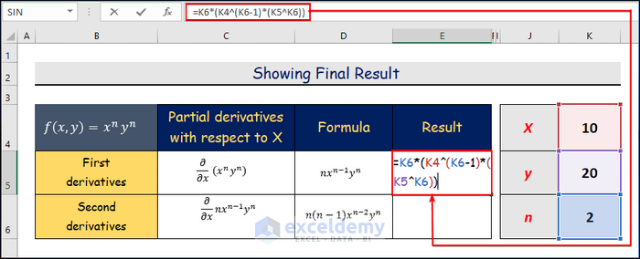 Showing Final Result to Find Partial Derivatives in Excel