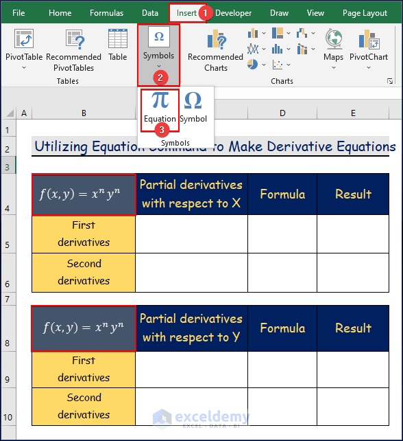 Utilizing Equation Command to Make Partial Derivatives Equations in Excel 