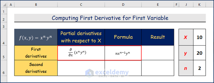 Computing First Derivative For First Variable to Find Partial Derivatives in Excel