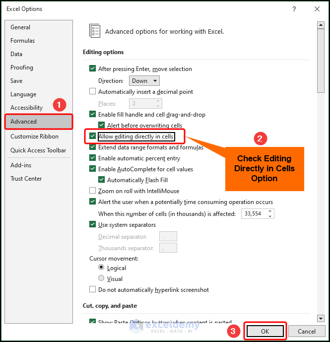 Fixing excel cursor selecting wrong cell by enabling direct cell editing