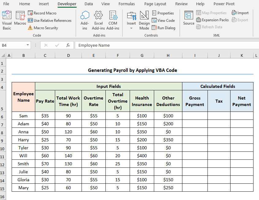 GIF showing the results for payroll in excel vba