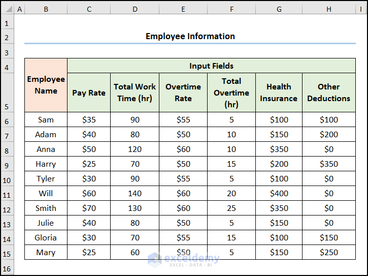 Dataset for payroll in excel vba