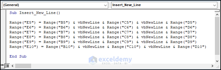 VBA code for excel char new line