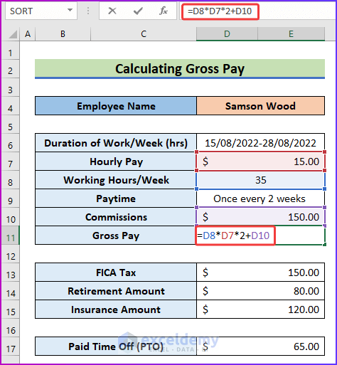 Calcular el salario bruto como un paso fácil para hacer una calculadora de acumulación de nómina en Excel